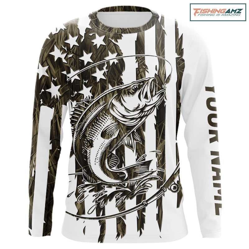 Custom Patrotic Largemouth Bass Long Sleeve Camo Fishing Shirts, Bass US Fishing Shirt IPHW9145