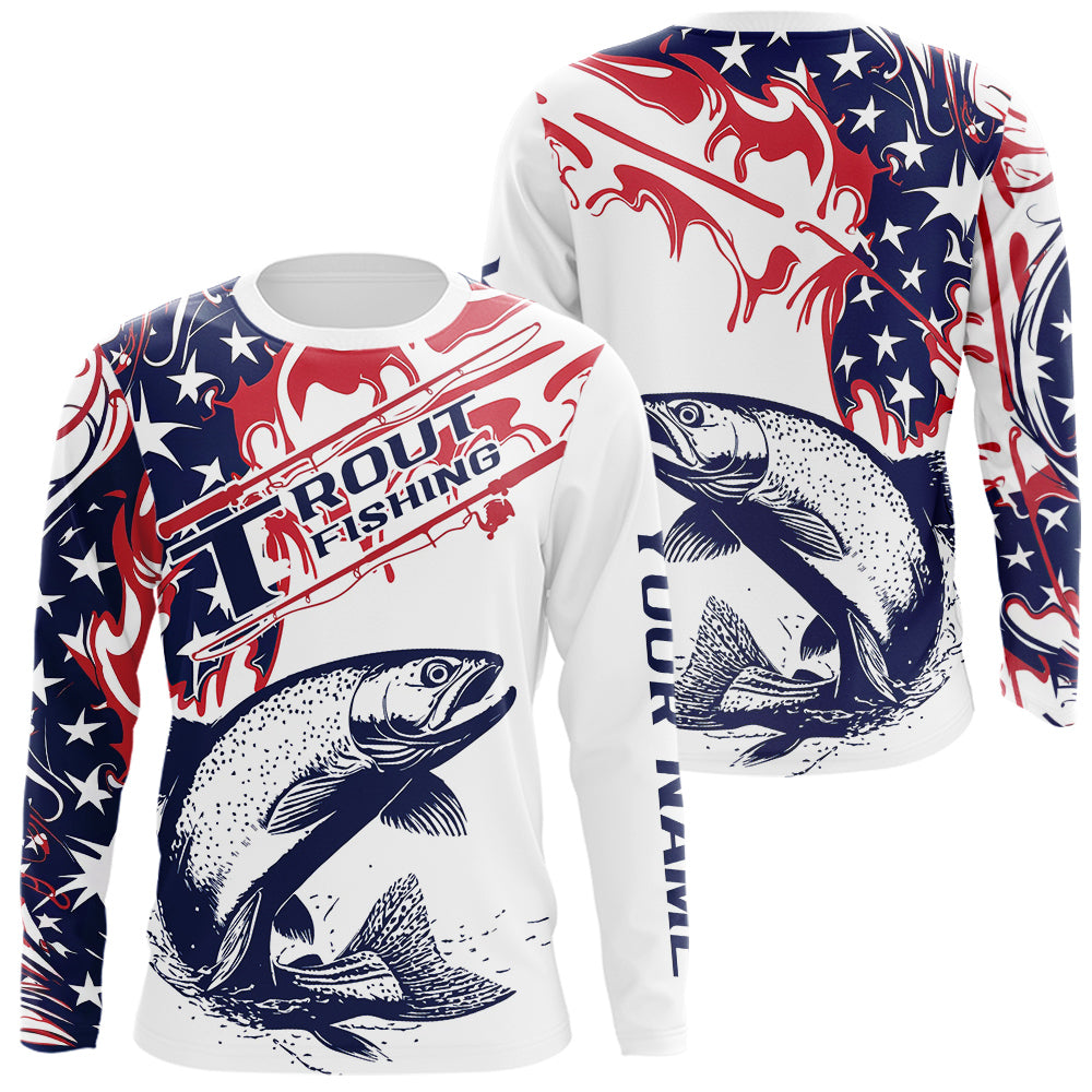 Custom American Flag Trout Long Sleeve Fishing Shirts, Patriotic Trout Fishing Jerseys IPHW9134
