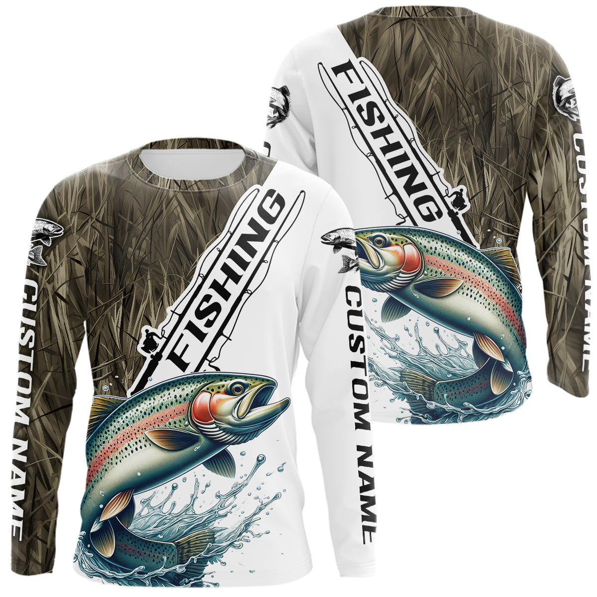 Custom Name Grass Camo Rainbow Trout Long Sleeve Tournament Fishing Shirt IPHW9138