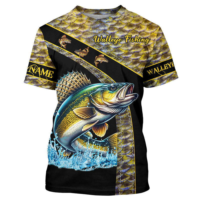 Walleye fishing yellow Walleye scales Custom name fishing Tshirt jerseys, Walleye fishing Tshirt NQS4890