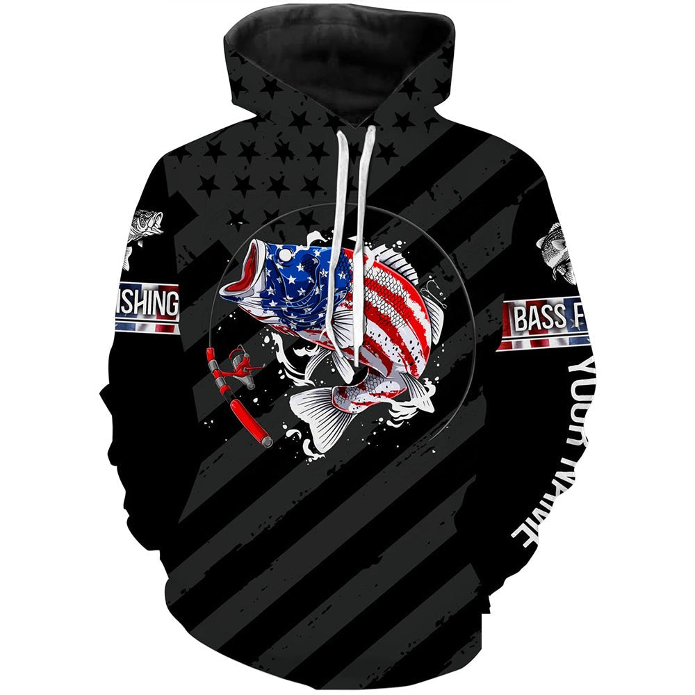 Largemouth Bass fishing black American flag Custom name fishing jerseys | Hoodie - NPQ827