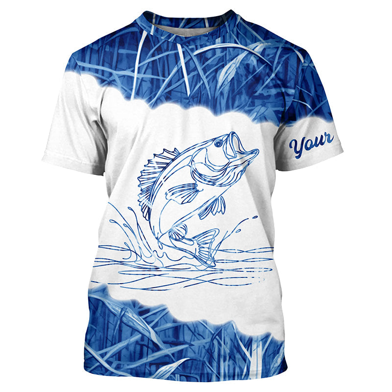 Blue camo Largemouth bass fishing Customize Name All-over Print Unisex fishing T-shirt NPQ98