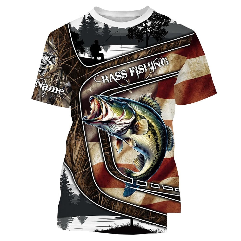 Custom American Flag patriotic Bass Fishing Jerseys, Personalized camo Bass fishing T-shirt NQS4856