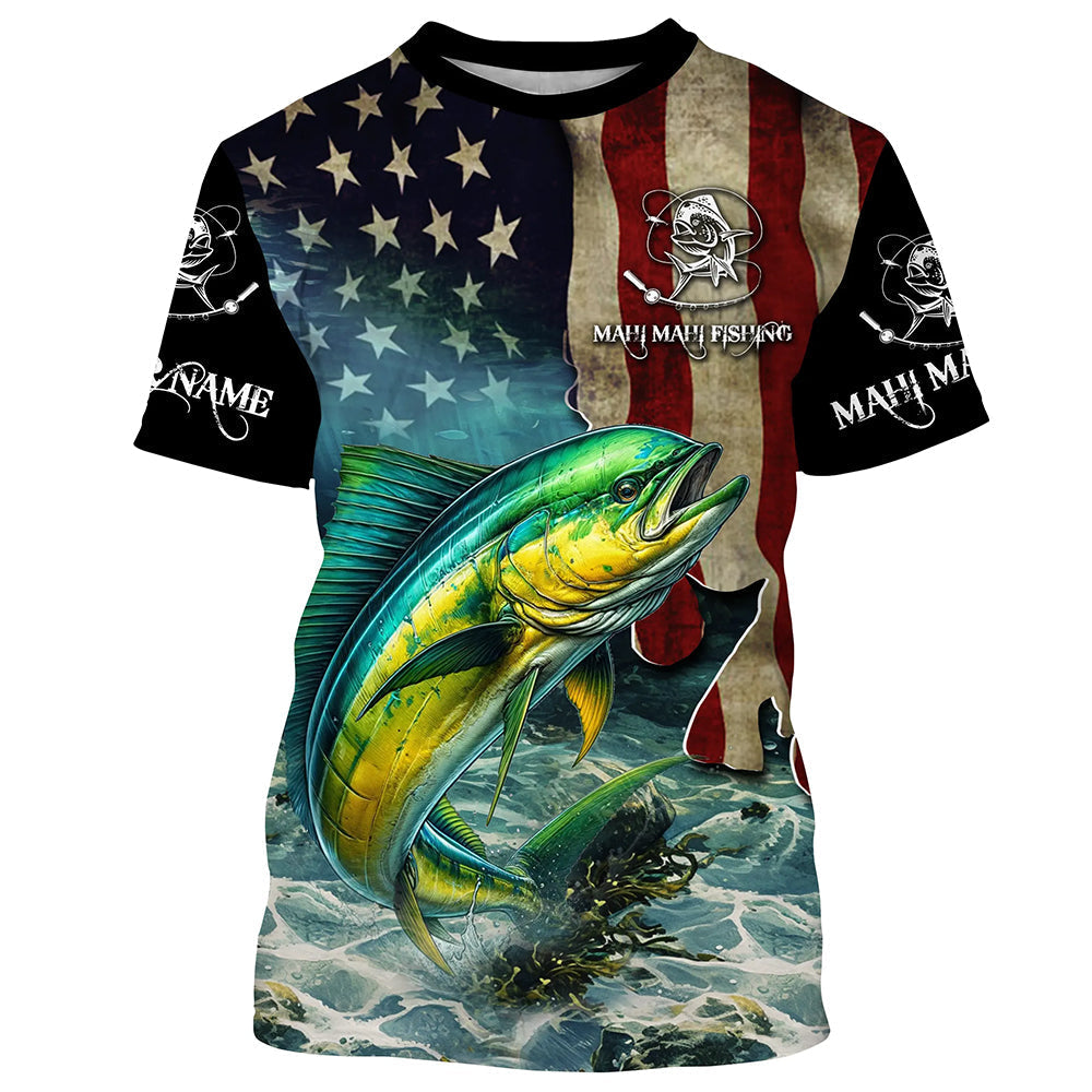 Mahi Mahi Fishing American Flag patriotic Customize Name All-over Print Unisex fishing T-shirt NPQ22