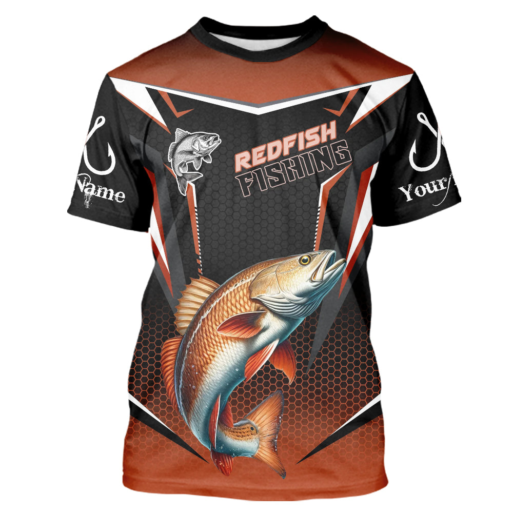 Black and Orange Redfish Fishing T-shirt, Personalized Red Drum Fishing Tounament Jersey NQS9774