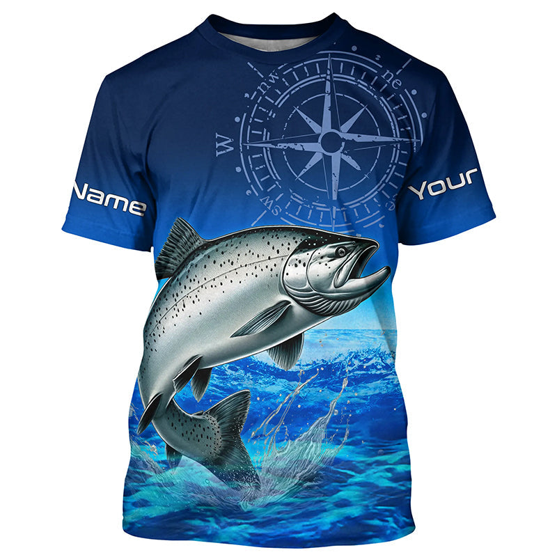 Personalized Chinook salmon Blue Performance Fishing T-Shirts, compass tournament Shirts NQS5986