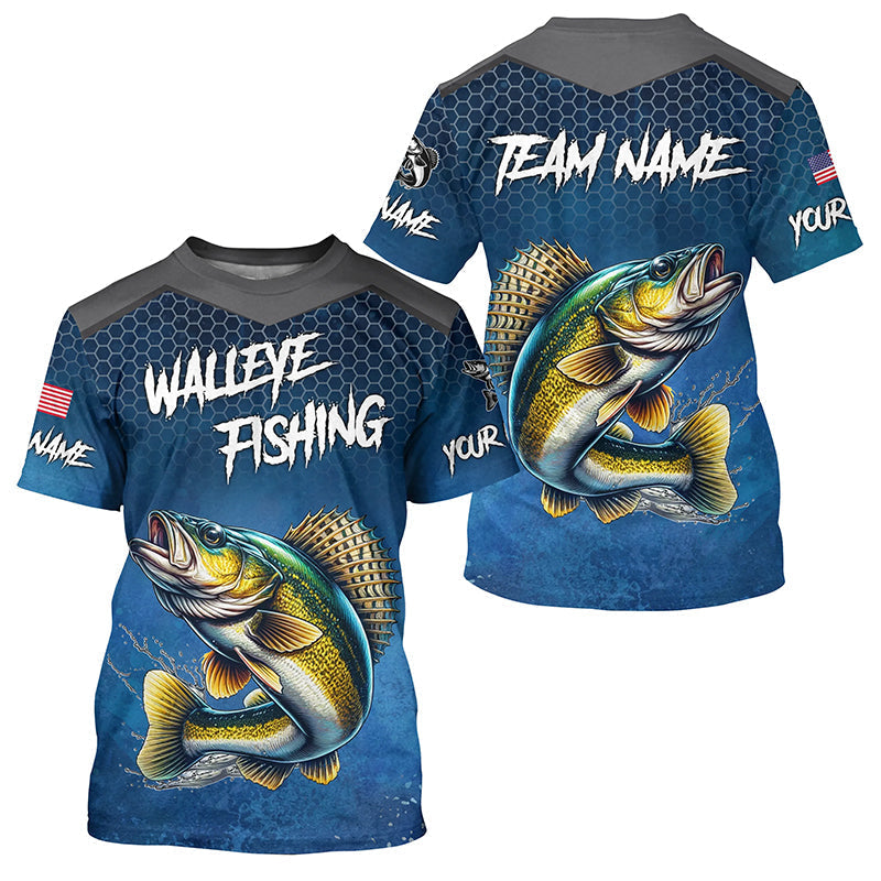 Blue camo Walleye fishing Custom performance team Walleye fishing tournament T-shirts NQS7718