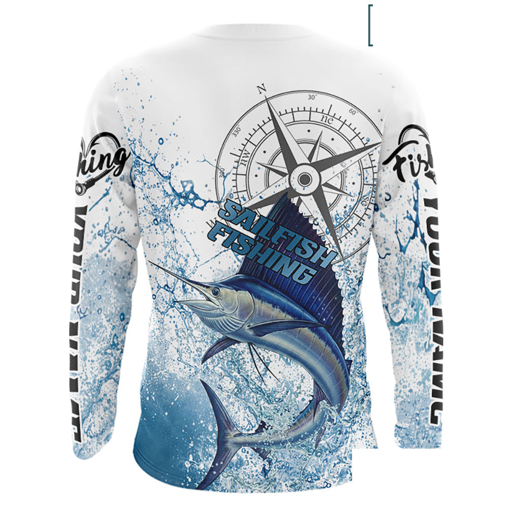 Custom Sailfish Long Sleeve Fishing Shirts Saltwater Fish, Compass Offshore Tournament Fishing Shirts NBT375