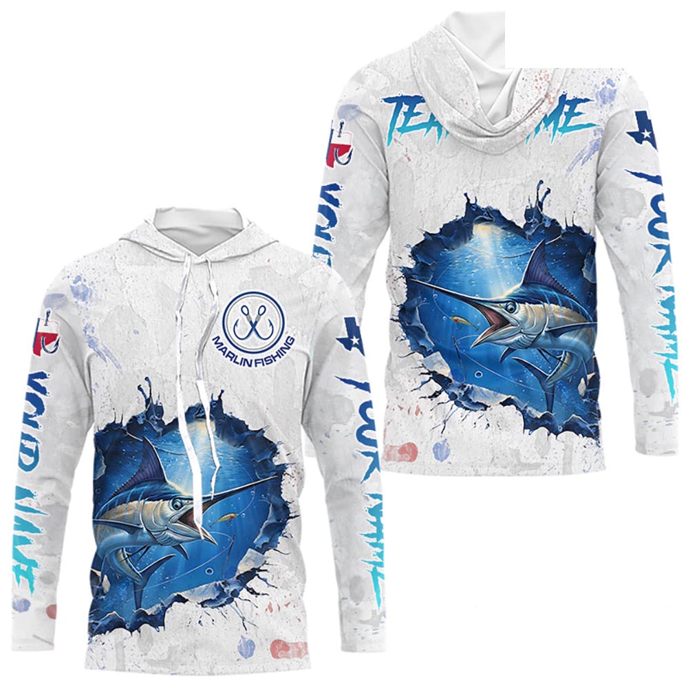 Custom Marlin Fishing Tournament Long Sleeve Hooded Shirts, Marlin Saltwater Fishing Apparel | White NBT681