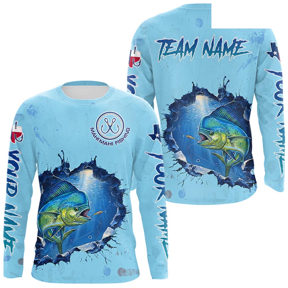 Custom Mahi Mahi Fishing Long Sleeve Tournament Shirts, Mahi Mahi Saltwater Fishing Apparel | Blue NBT687