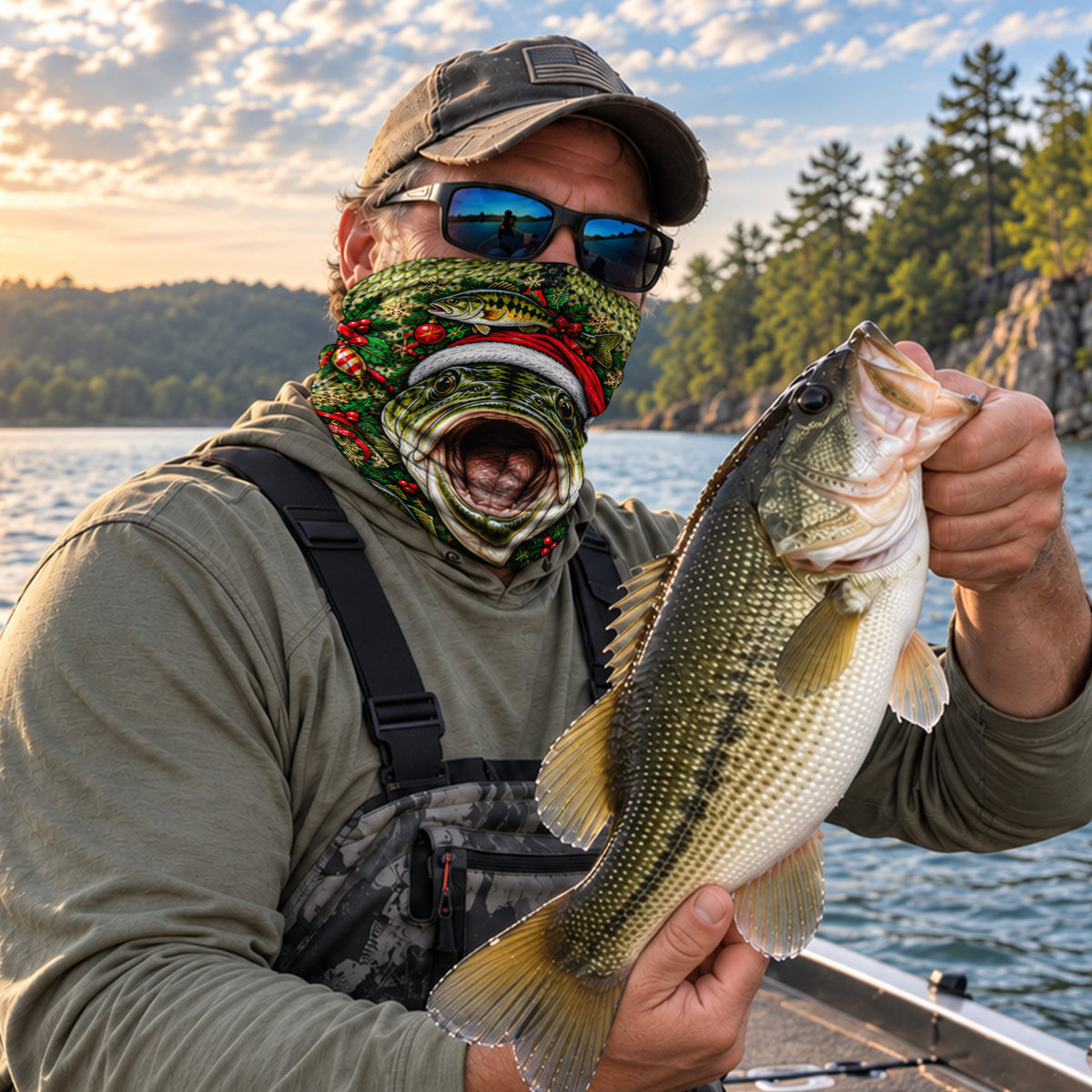 Christmas Bass Face Santa Hat and Holly Fishing Mask