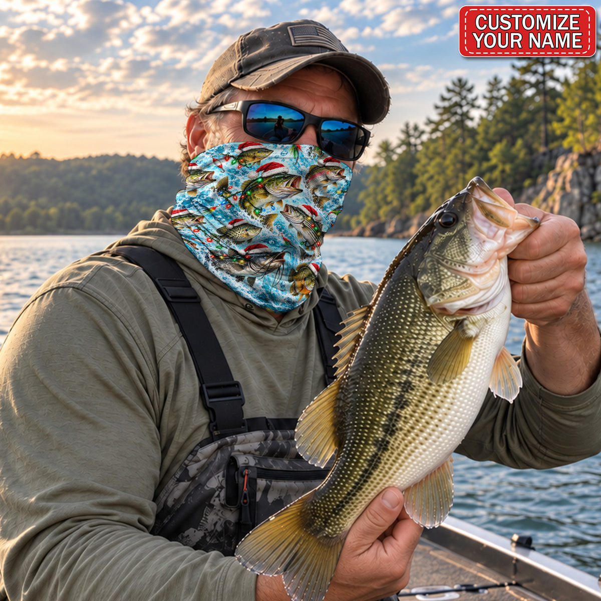 Personalized Christmas Fishing Mask With Santa Hat Fish and Holiday Lights
