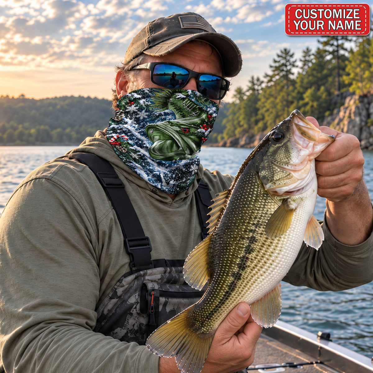 Personalized Bass Fishing Mask With Pinecones and Christmas Candy Canes