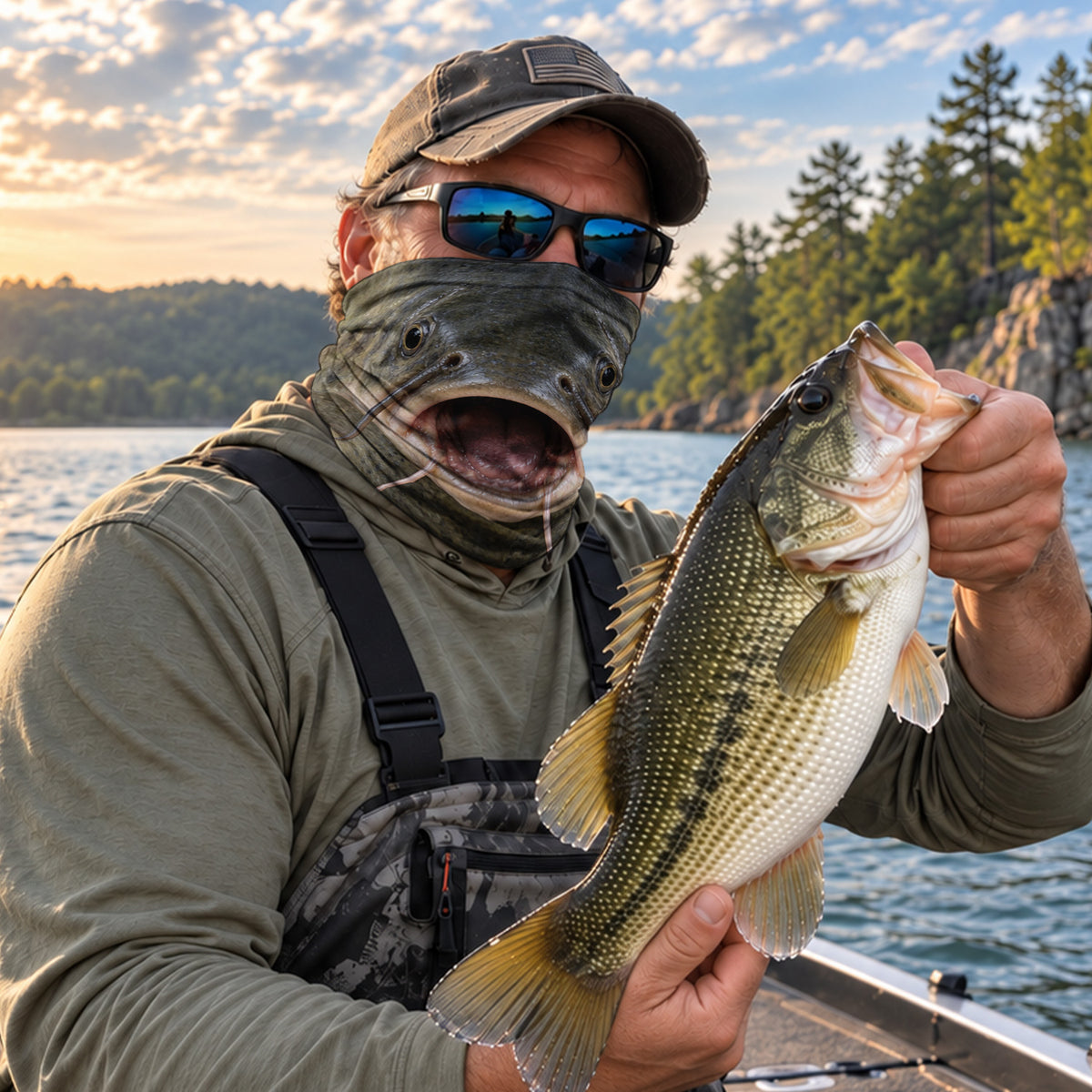 Realistic Catfish Face Open Mouth and Whiskers Fishing Mask