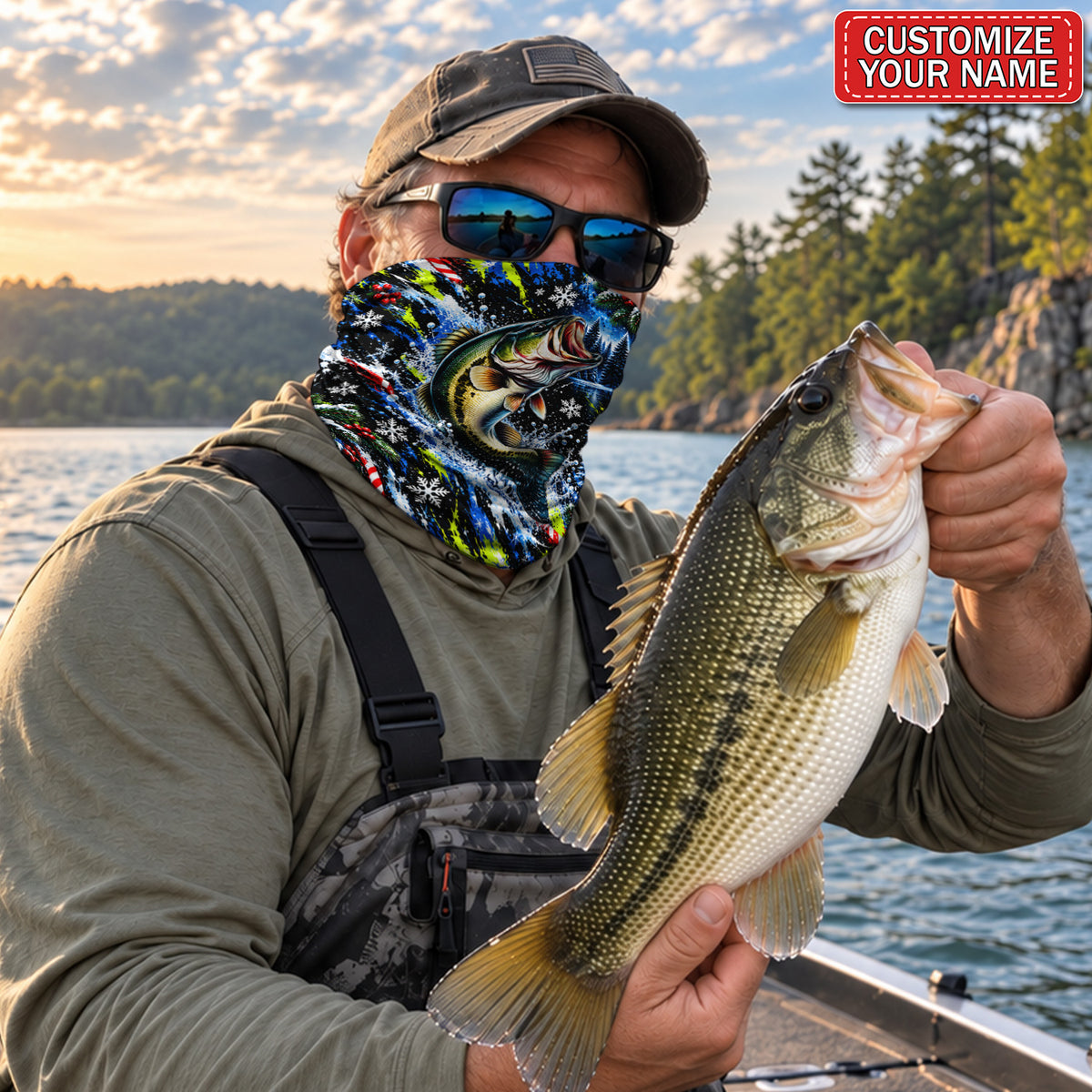 Personalized Leaping Largemouth Bass Fishing Mask With Christmas Snowflakes