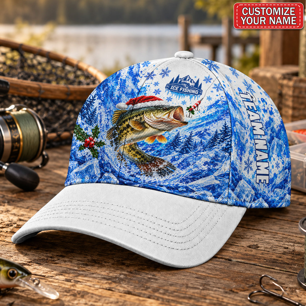 Personalized Santa Bass Ice Fishing AOP Baseball Cap