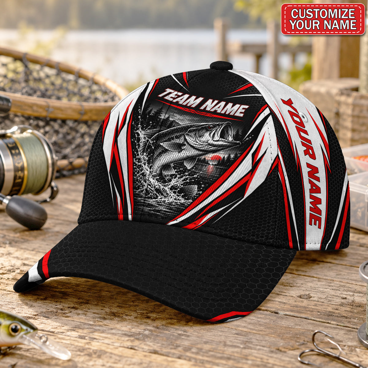 Personalized Team Name Bass Fishing Baseball Cap with Red and White Stripes