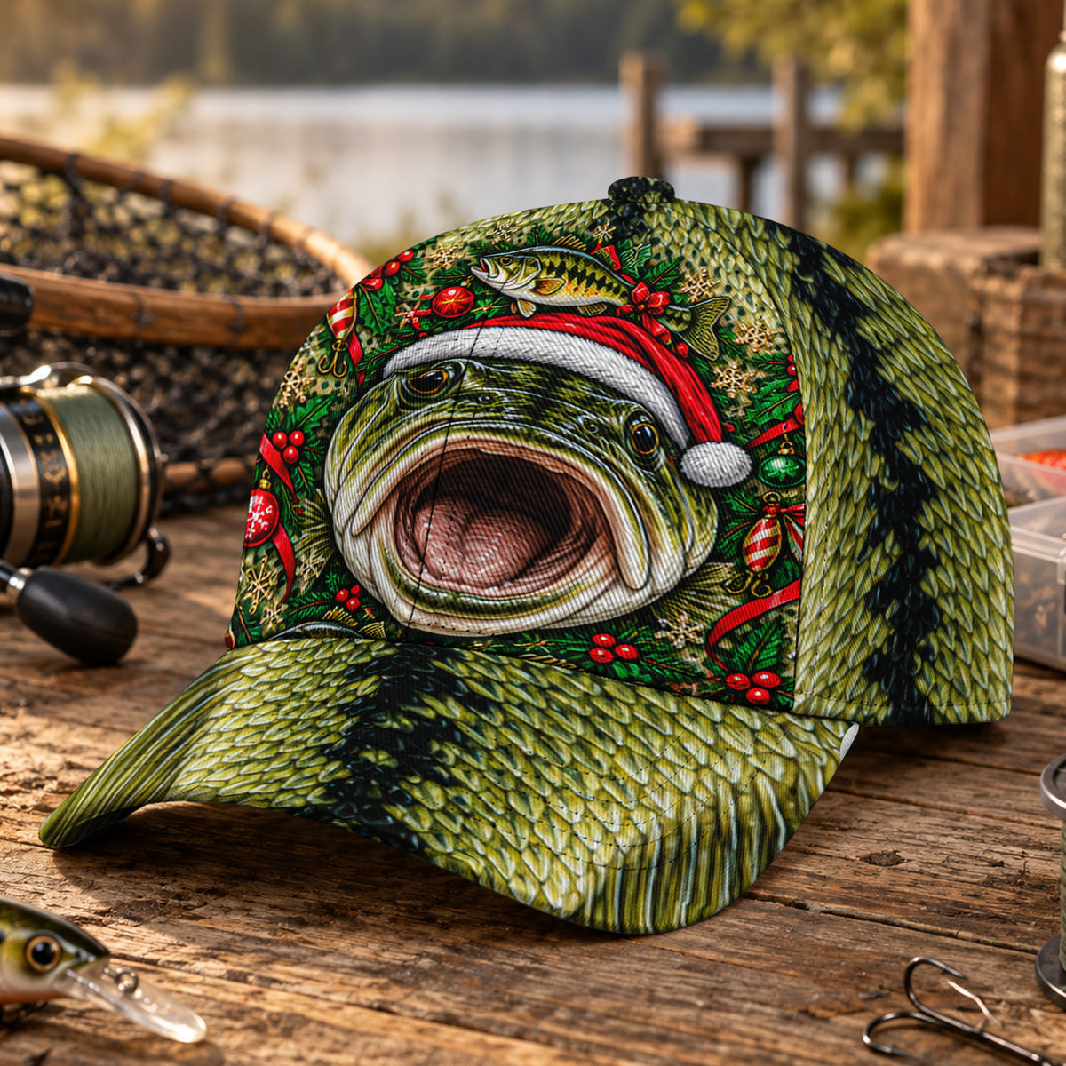 Bass Face Santa Hat and Holiday Lures Fishing AOP Baseball Cap