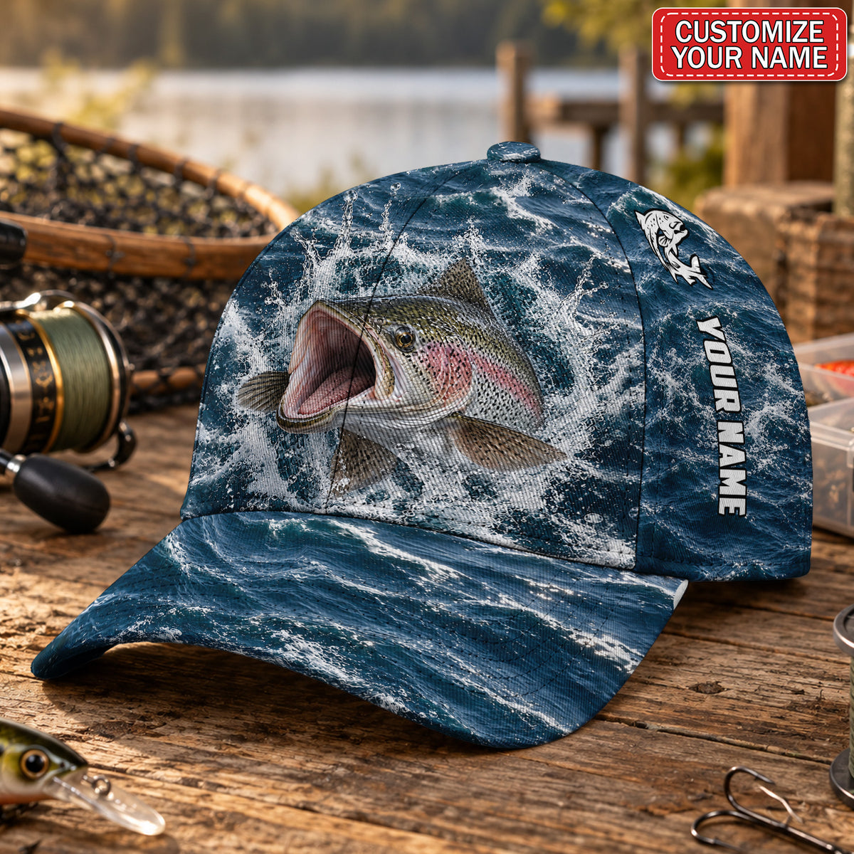 Personalized Rainbow Trout Water Splash AOP Baseball Cap