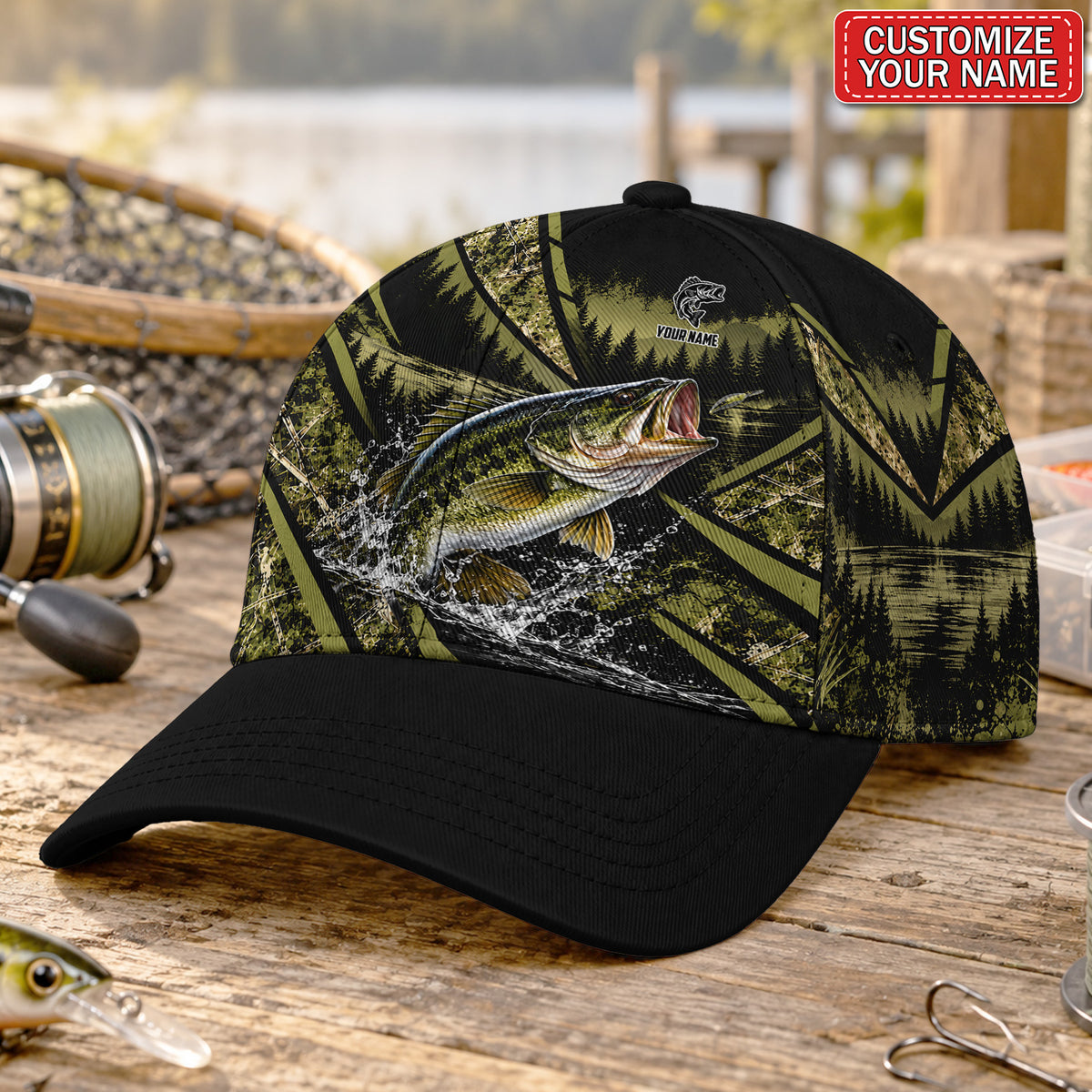 Personalized Jumping Bass and Forest Lake Fishing Baseball Cap