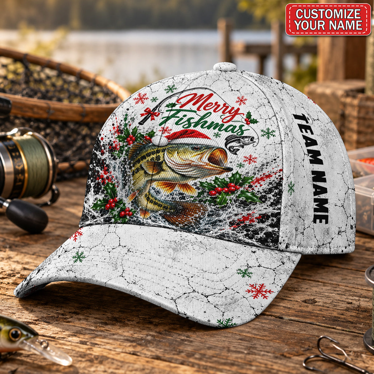 Personalized Merry Fishmas Santa Hat Bass AOP Baseball Cap
