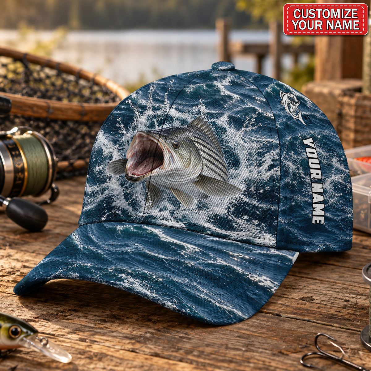 Personalized Striped Fish Ocean Waves AOP Baseball Cap