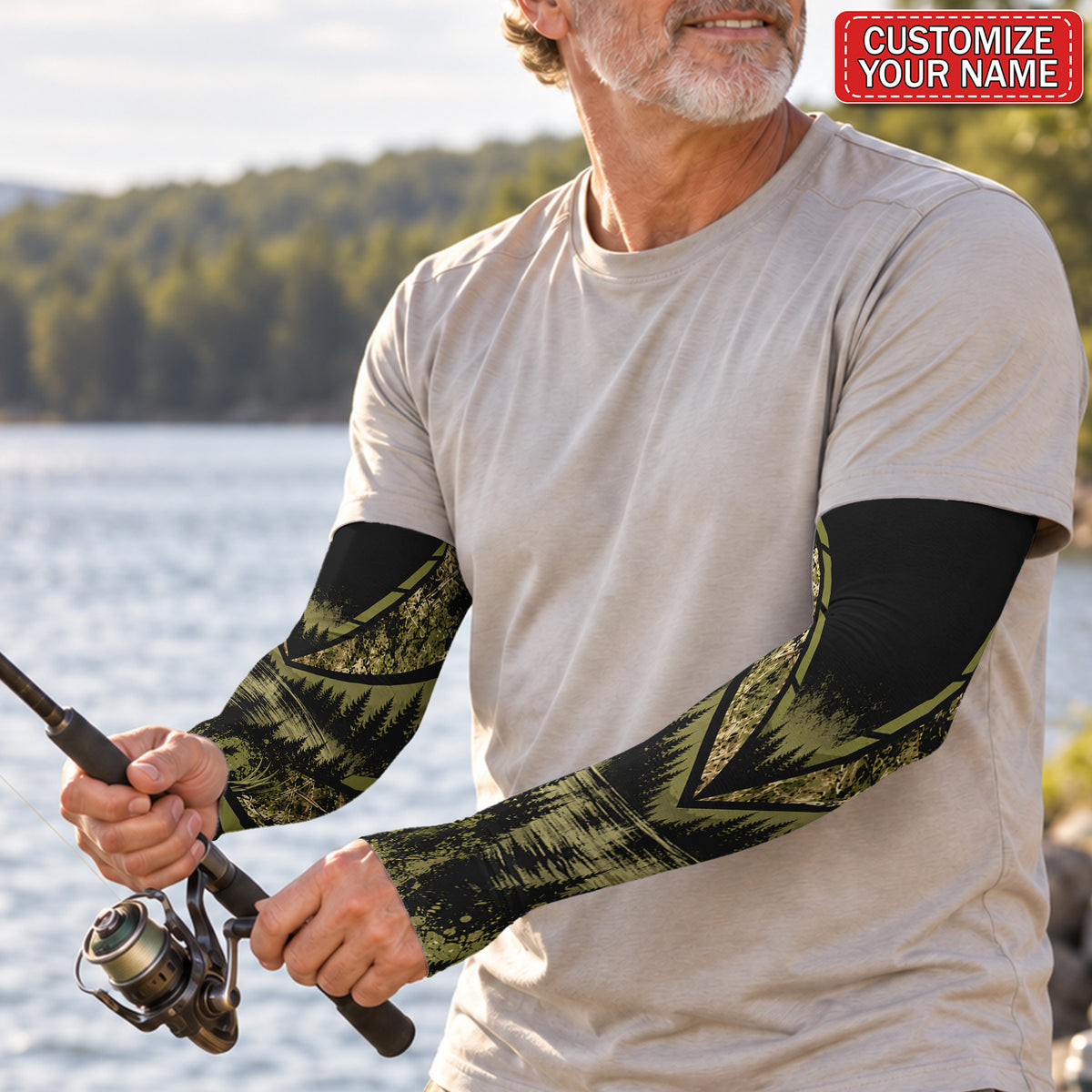 Personalized Forest Lake Sun Protection Arm Sleeves in Olive and Black