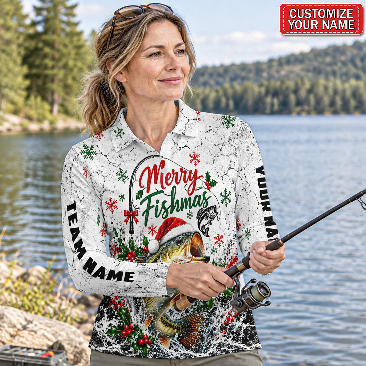Personalized Merry Fishmas Bass Fishing Women's Long Sleeve Polo