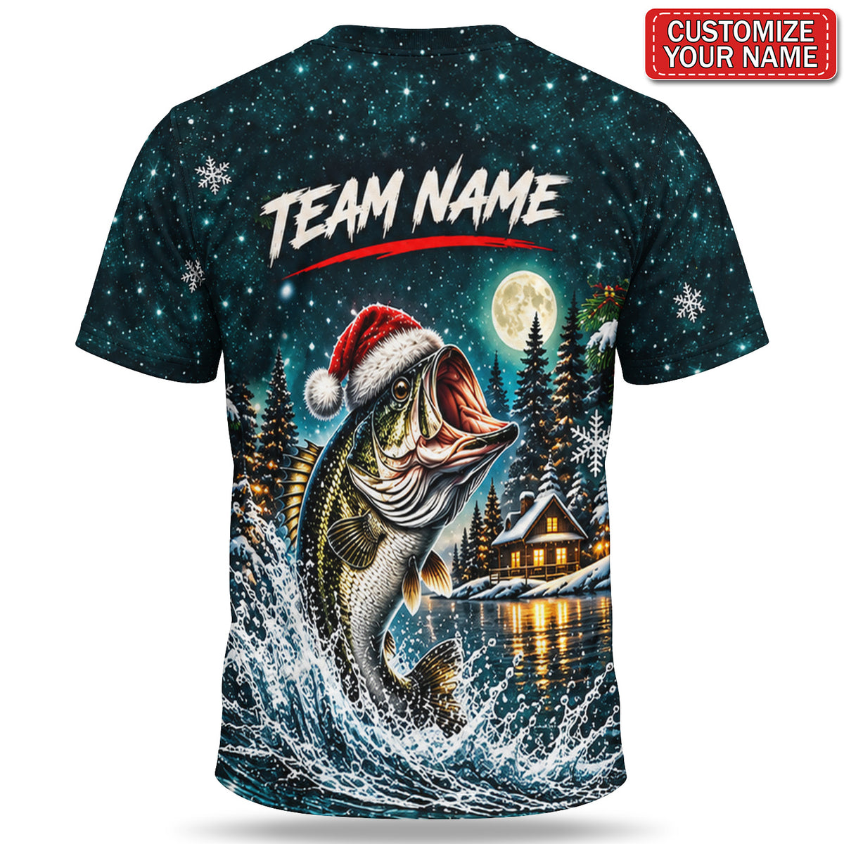 Personalized Santa Hat Bass and Snowy Lake Christmas Fishing T-Shirt