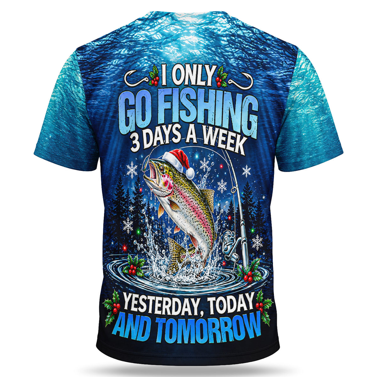Christmas Trout and Fishing Rod Underwater 3D Fishing T-Shirt