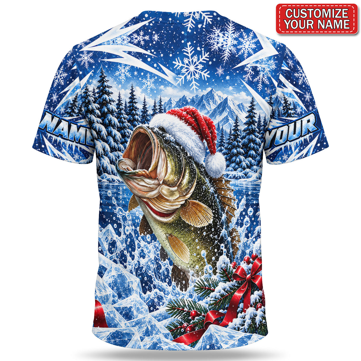 Personalized Christmas Santa Hat Bass Fishing Team T-Shirt