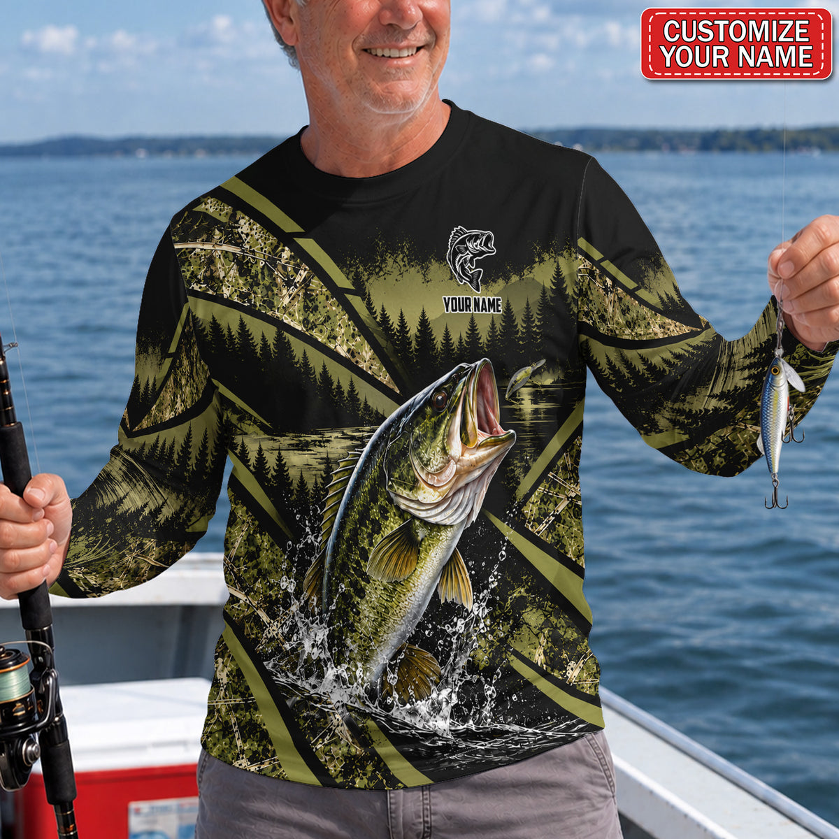 Jumping Bass Forest Lake Personalized UPF Sun Protection Fishing Long Sleeve Shirt