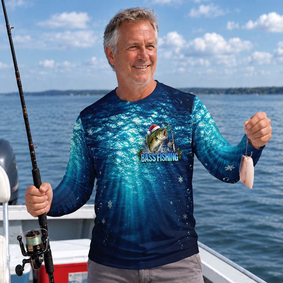 Santa Bass and Blue Underwater Scene UPF Sun Protection Fishing Long Sleeve Shirt