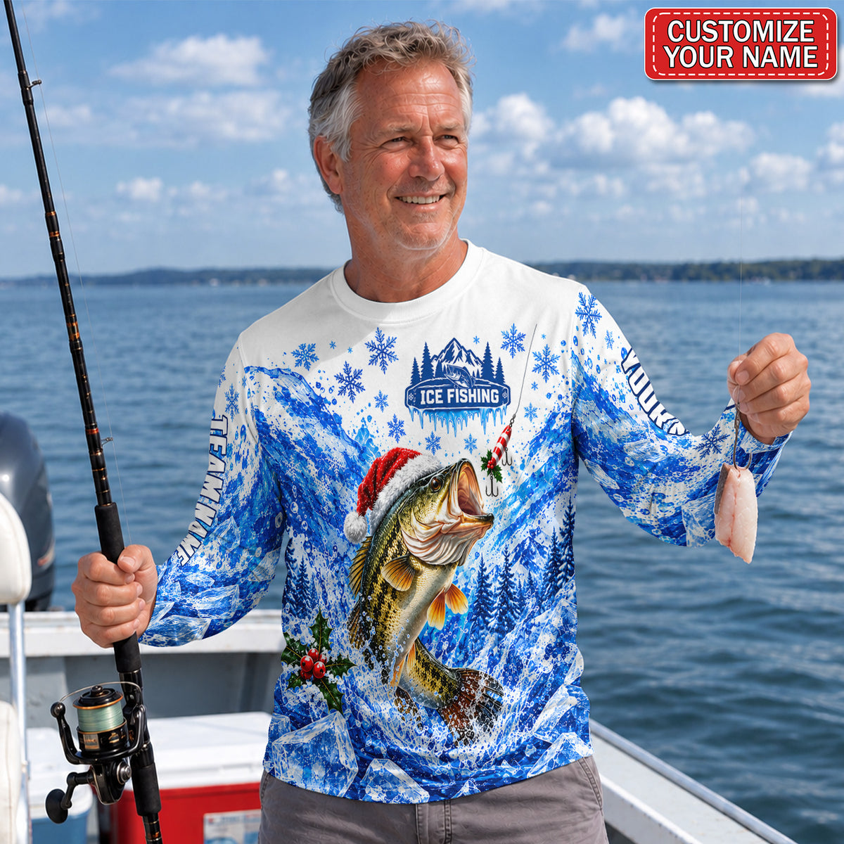 Santa Bass Ice Splash Personalized UPF Sun Protection Fishing Long Sleeve Shirt