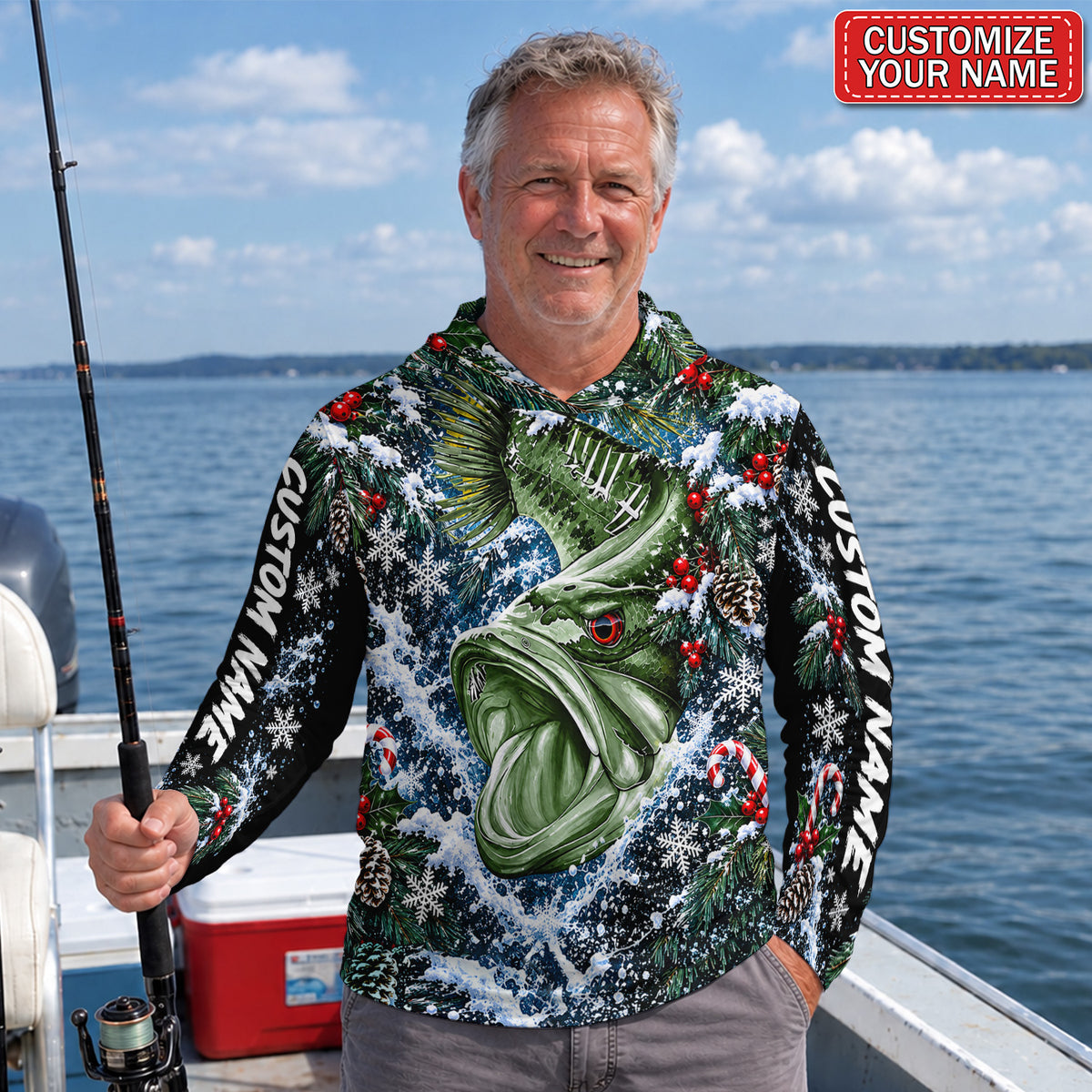 Bass and Snowy Christmas Branches Personalized UPF Sun Protection Fishing Hoodie