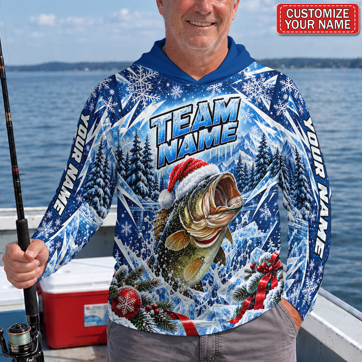 Santa Hat Bass Personalized UPF Sun Protection Fishing Hoodie