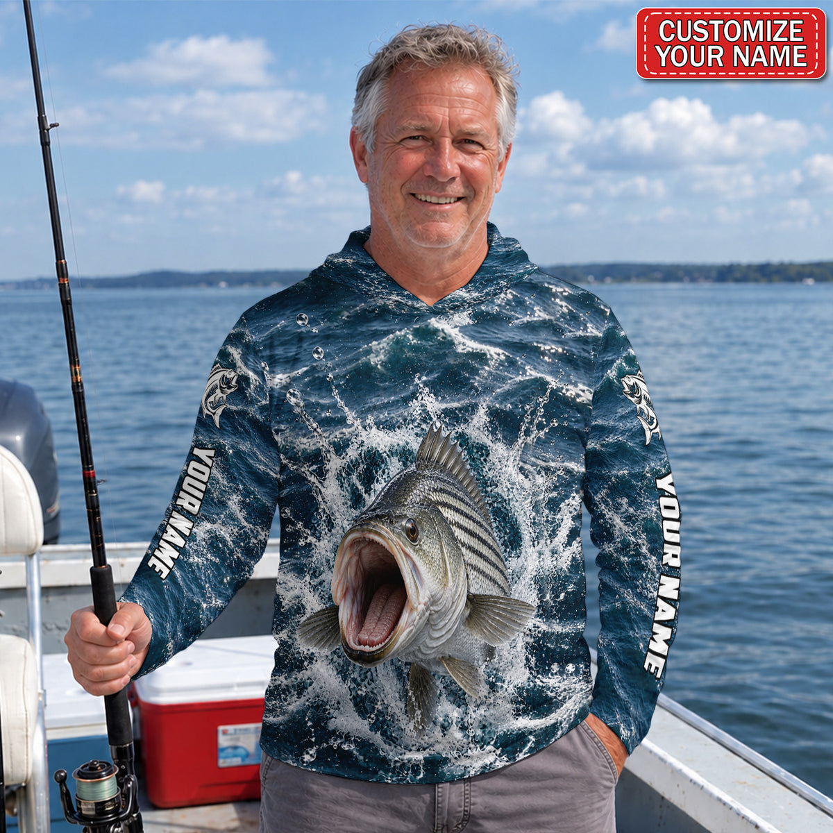 Striped Bass Water Splash Personalized UPF Sun Protection Fishing Hoodie