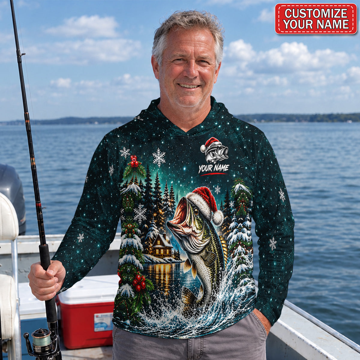 Personalized Santa Hat Bass Winter Lake UPF Sun Protection Fishing Hoodie