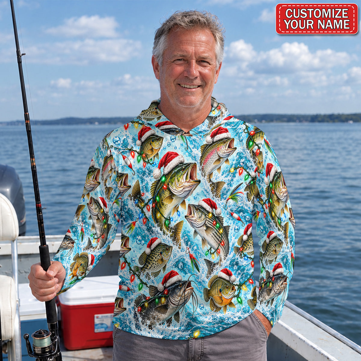 Santa Hat Fish and Christmas Lights Personalized UPF Sun Protection Fishing Hoodie