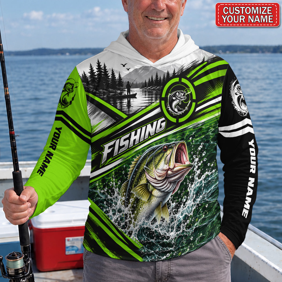 Bass and Mountain Lake Personalized UPF Sun Protection Fishing Hoodie