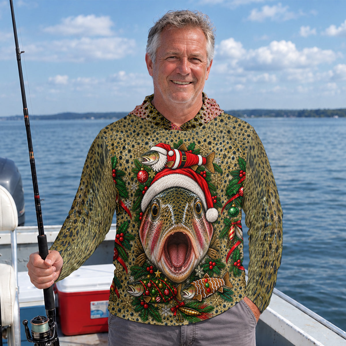 Christmas Rainbow Trout Face With Santa Hat UPF Sun Protection Fishing Hoodie
