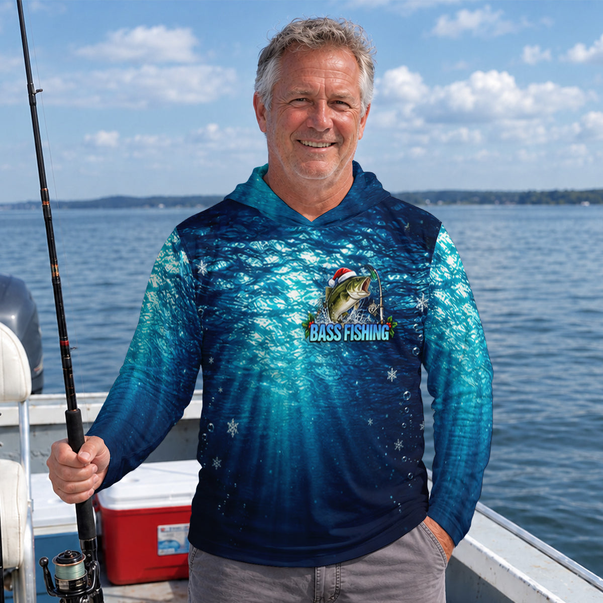 Santa Hat Bass and Blue Underwater Scene UPF Sun Protection Fishing Hoodie