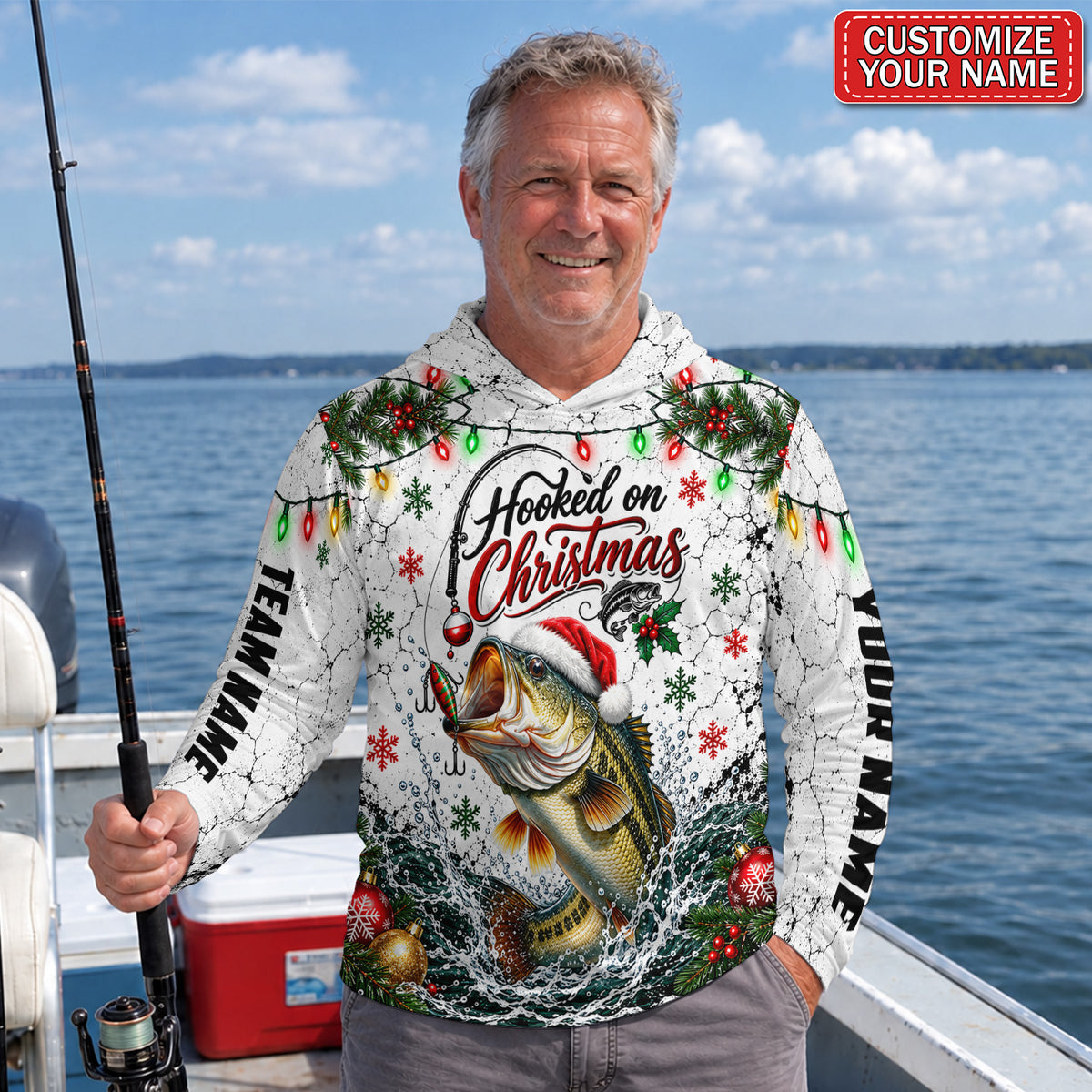 Hooked On Christmas Santa Bass Personalized UPF Sun Protection Fishing Hoodie