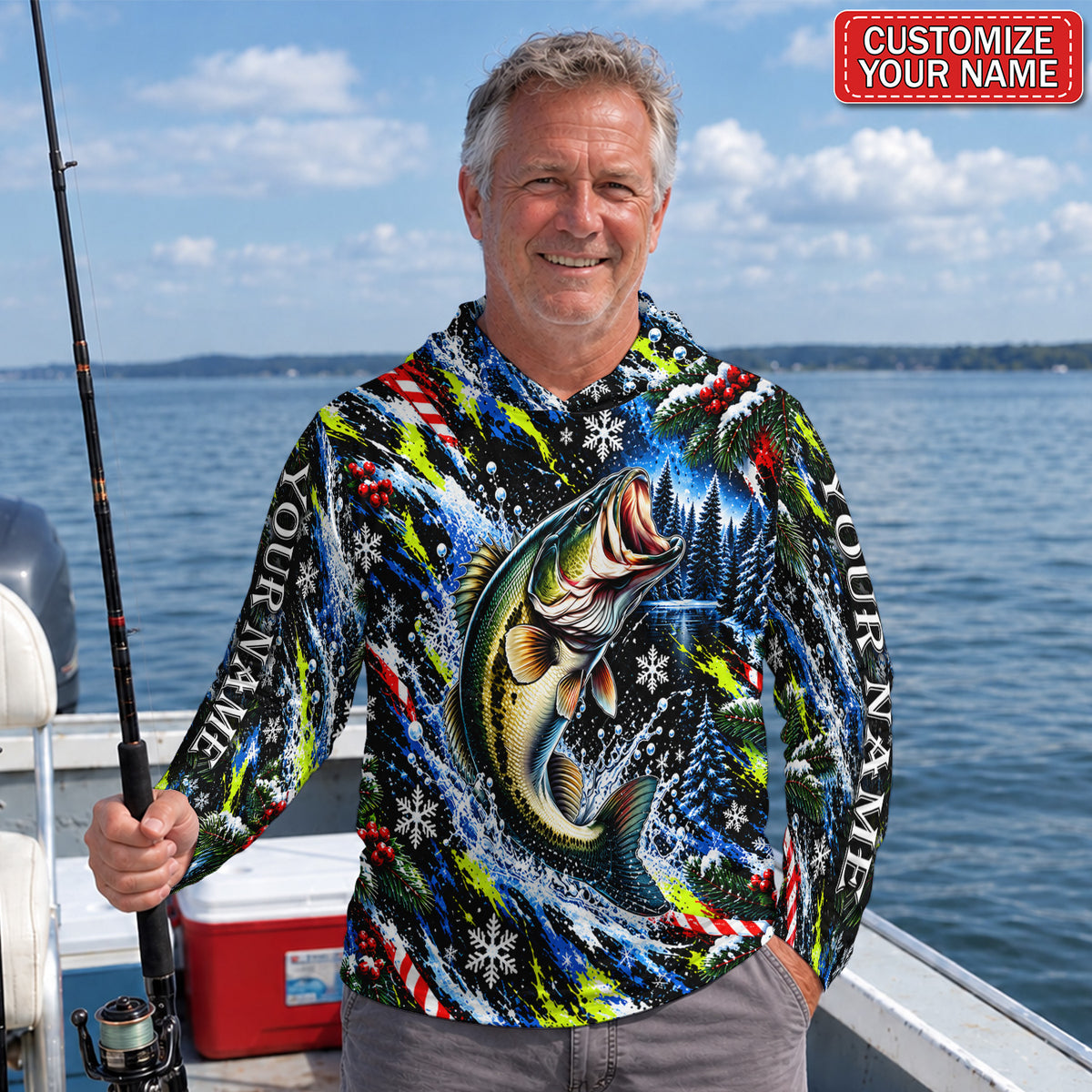 Jumping Bass and Snowflakes Personalized UPF Sun Protection Fishing Hoodie