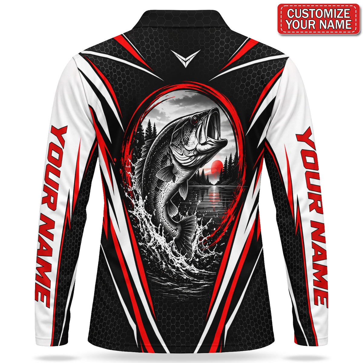 Personalized Team Bass Fishing Men's Long Sleeve Polo in Red, Black and White