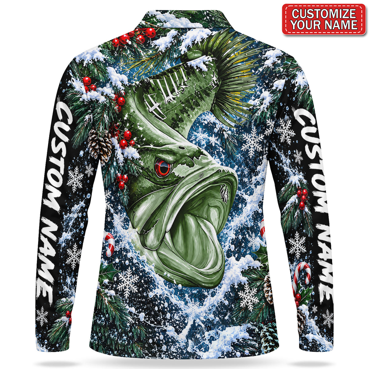 Personalized Bass and Snowy Pine Branches Men's Long Sleeve Fishing Polo