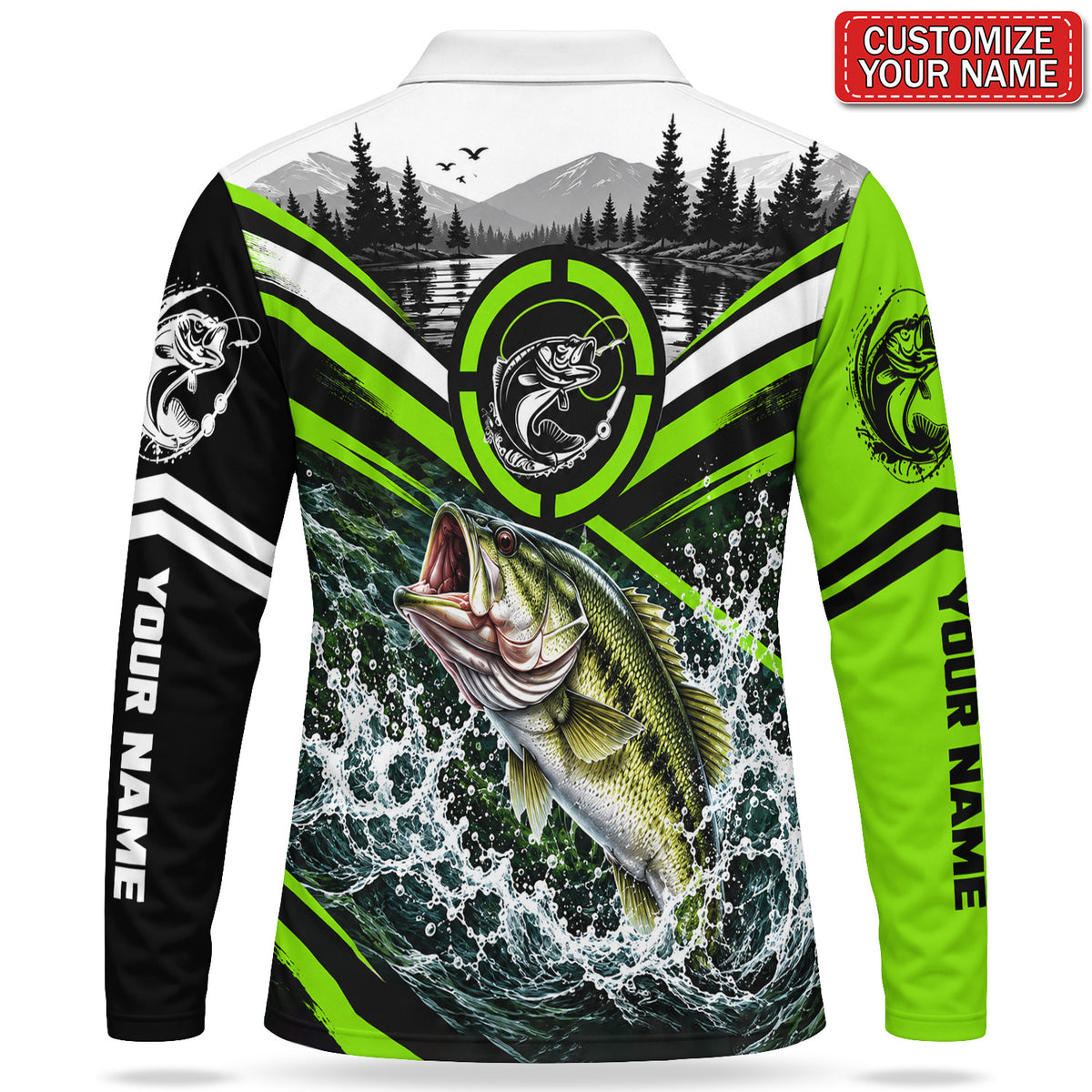 Personalized Bass Fishing Men's Long Sleeve Polo With Neon Green Lake Design