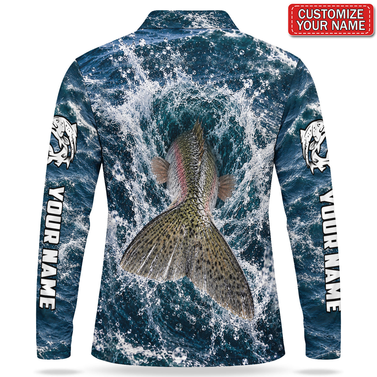 Personalized Rainbow Trout Water Splash Men's Long Sleeve Fishing Polo