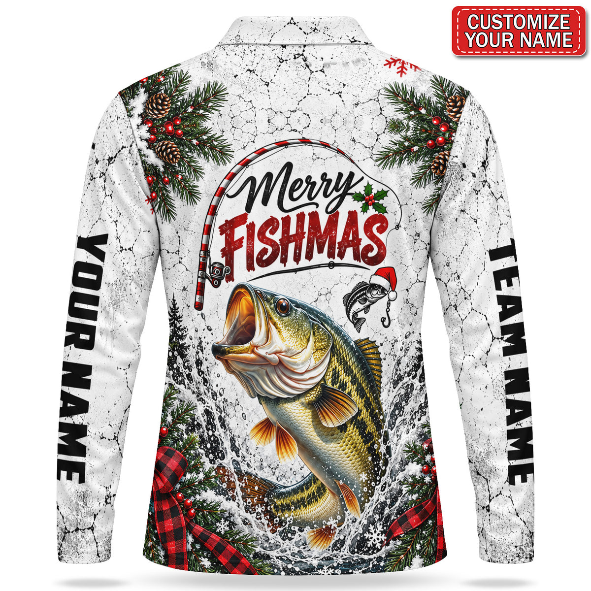 Personalized Christmas Bass and Fishing Heartbeat Men's Long Sleeve Polo
