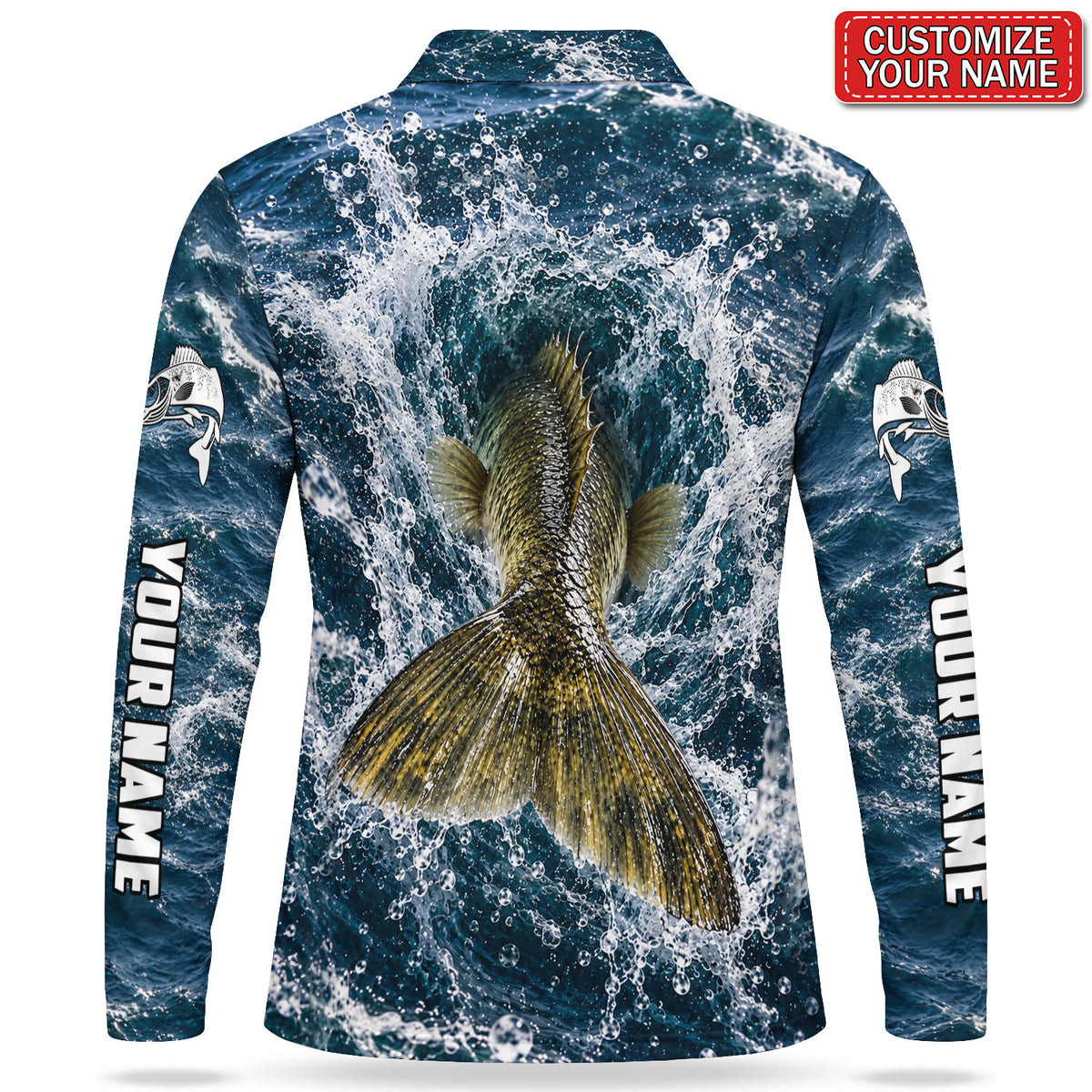 Personalized Golden Fish and Waves Fishing Men's Long Sleeve Polo